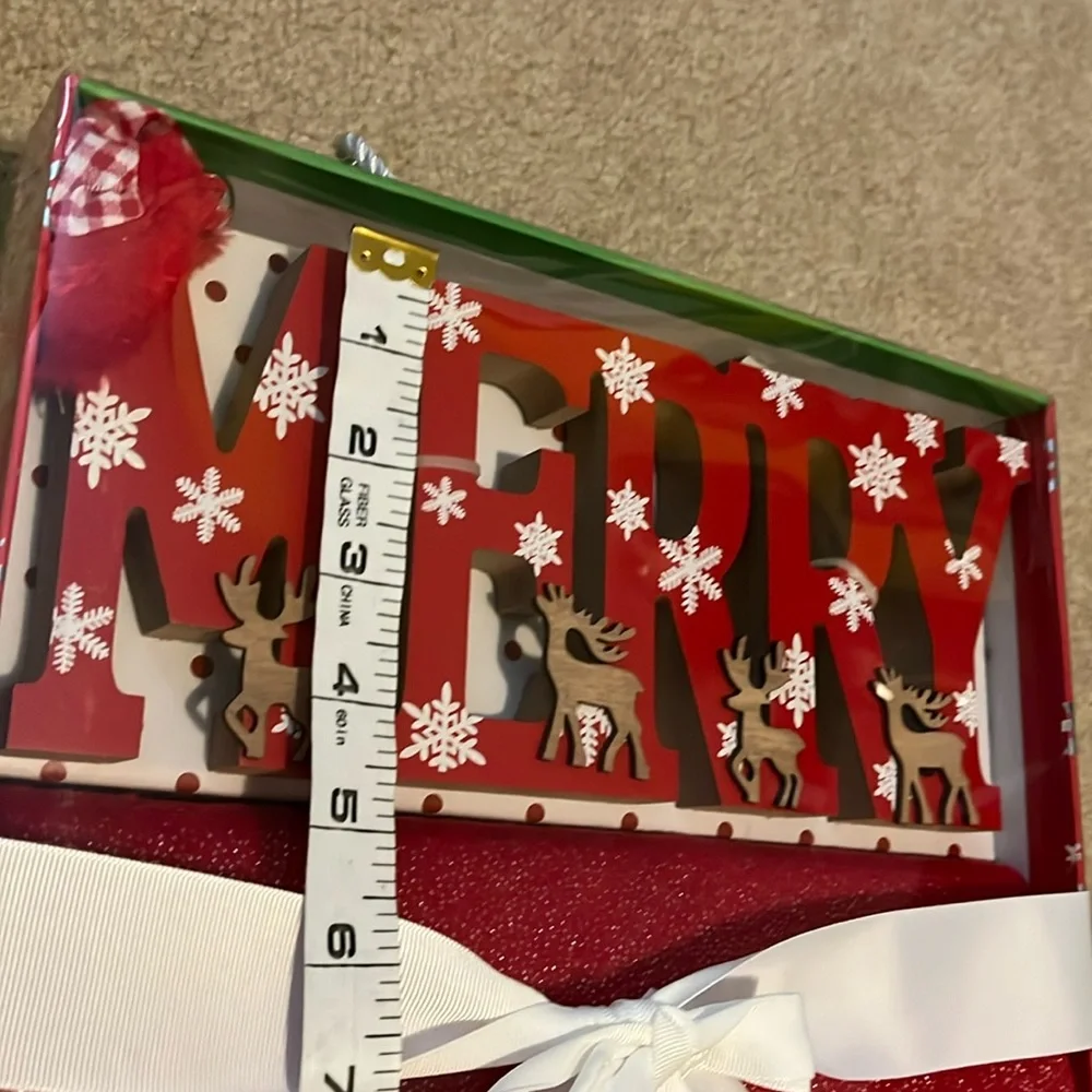 NWOT red sparkly Christmas baby blanket MERRY wooden letters